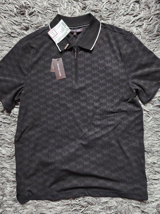 Tricou polo Michael Kors nou cu etichetă logo all over zip negru M/L
