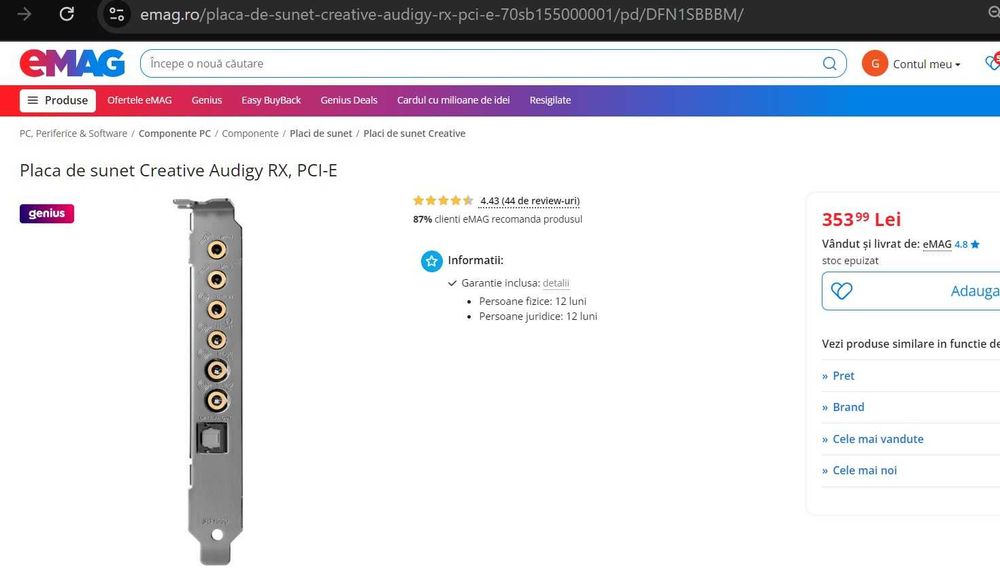 Placa de sunet Creative Audigy RX, PCI-E