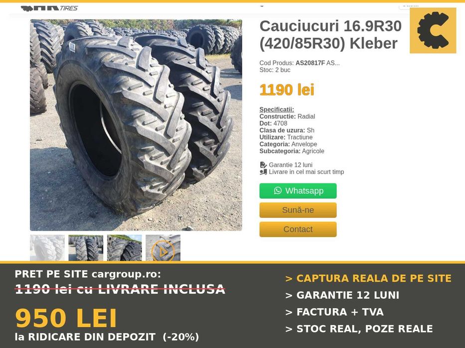 Cauciucuri 16.9R30 420/85R30 Kleber Anvelope Tractor PERECHE SH TVA