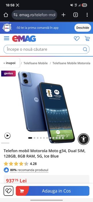 Telefon mobil Motorola Moto g34, Dual SIM, 128GB, 8GB RAM, 5G, Ice Blu