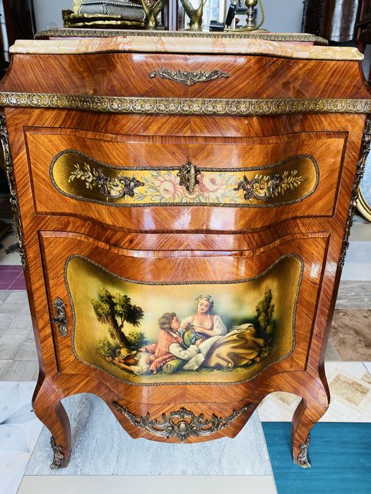 Comoda Servanta Vintage Marmura Pictura Intarsie Bronz Lemn