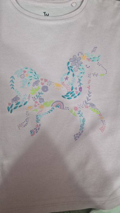 Set 3 tricouri TU fete 5–6 ani (110–116 cm) – unicorn, balerină și geantă
