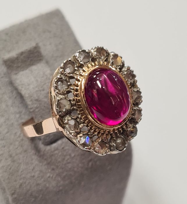 Inel din aur galben si argint 14k, cu rubin si diamante naturale,