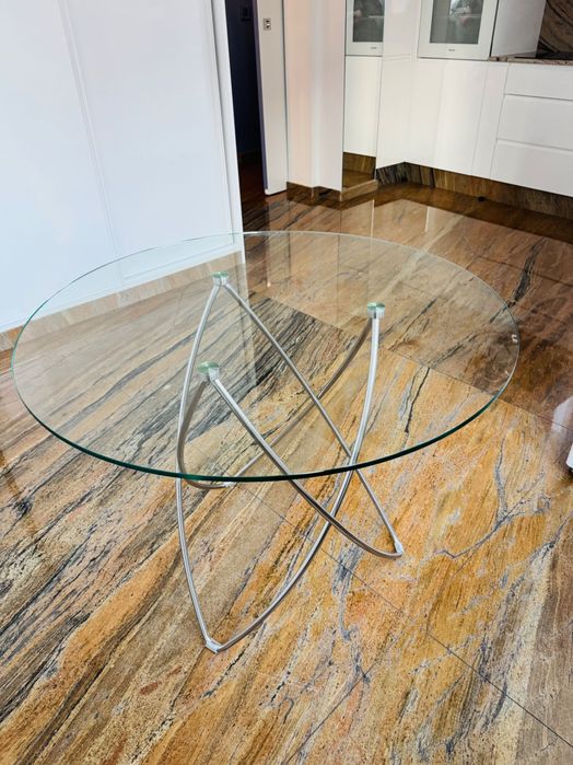 Кръгла  маса полирана неръждаема стомана със закалено стъкло ф90