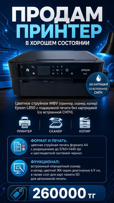 Продам принтер  Epson L850, б/у в хорошем состоянии. Самовывоз.