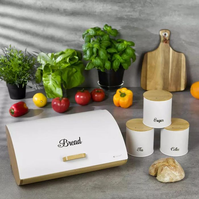 Set cutie pentru paine din bambus cu capac otel si 3 recipiente pentru