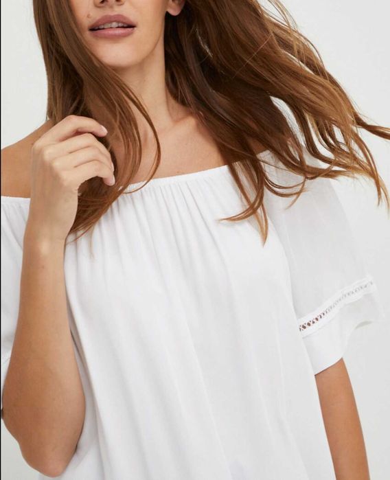 Bluza cazuta pe umeri, barcuta, alb, nou, S/36