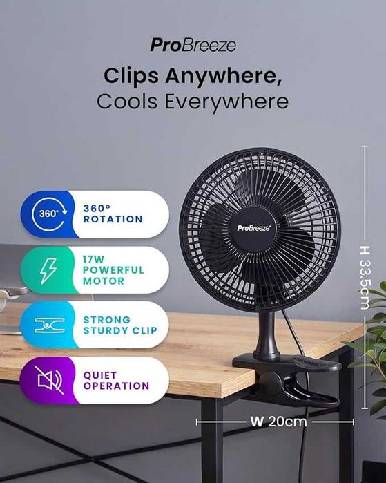 Pro Breeze PowerCool 360 – 6" тих вентилатор с щипка, 2 скорости и 360° регулиране