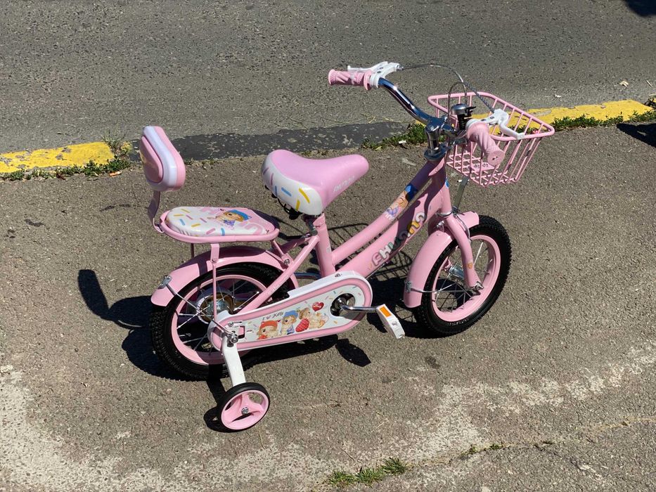 Bicicletă fetițe 2-4 ani, 12”, roți ajutătoare, coș/portbagaj metalic