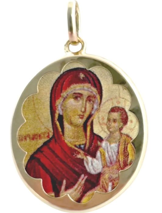 Pandativ aur masiv 14 k, dama, pictat manual/tehnica email, superb, stare impecabilă, reprezentand pe Sfanta Fecioară Maria cu Pruncul Iisus