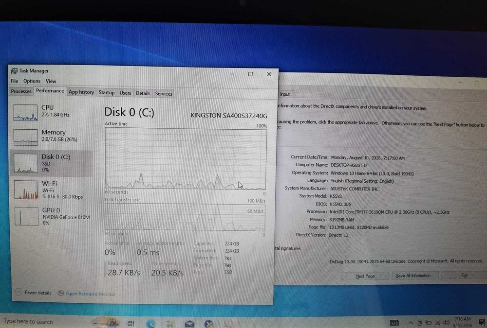 Laptop Asus K55VD, i7-3610QM - 8 CPU , 8gb RAM, 256 gb SSD, se misca bine