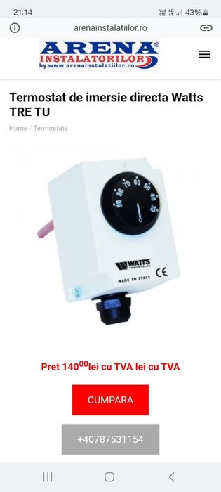 Termostat de imersie directă Watts tre tu