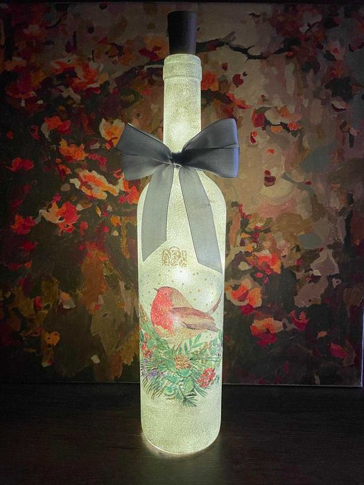 Подарък LED Декоративно Шише – Декупаж, Ръчна Изработка, Нощна Лампа