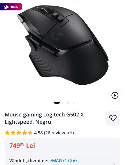 Mouse gaming Logitech G502 X Lightspeed, Negru