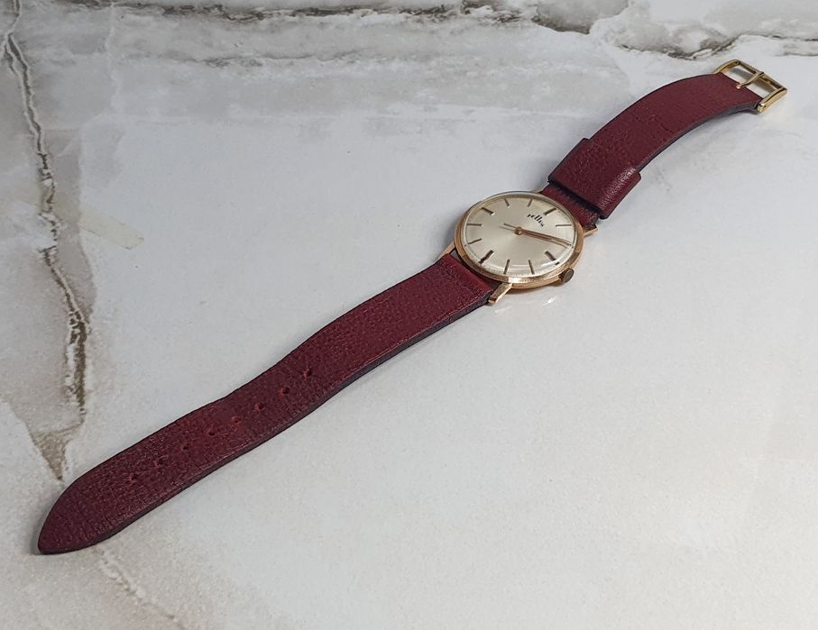 Ceas Telius automatic cu carcasă din aur de 14K și curea din piele