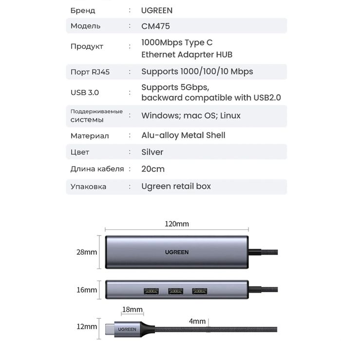 UGREEN Ethernet Hub 1Gbps Сетевой адабтер с USB3.0