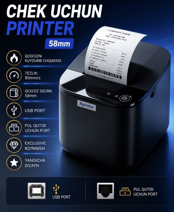 Termoprinter Xprinter XP-58IIT. Yetkazib berish bepul