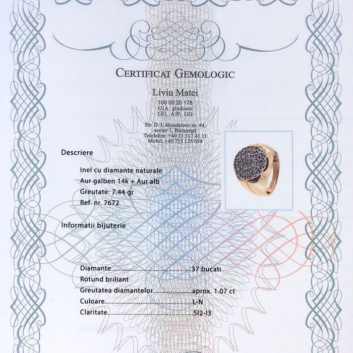 inel unisex, aur cu 1.07ct diamante, mas. mare, certif.