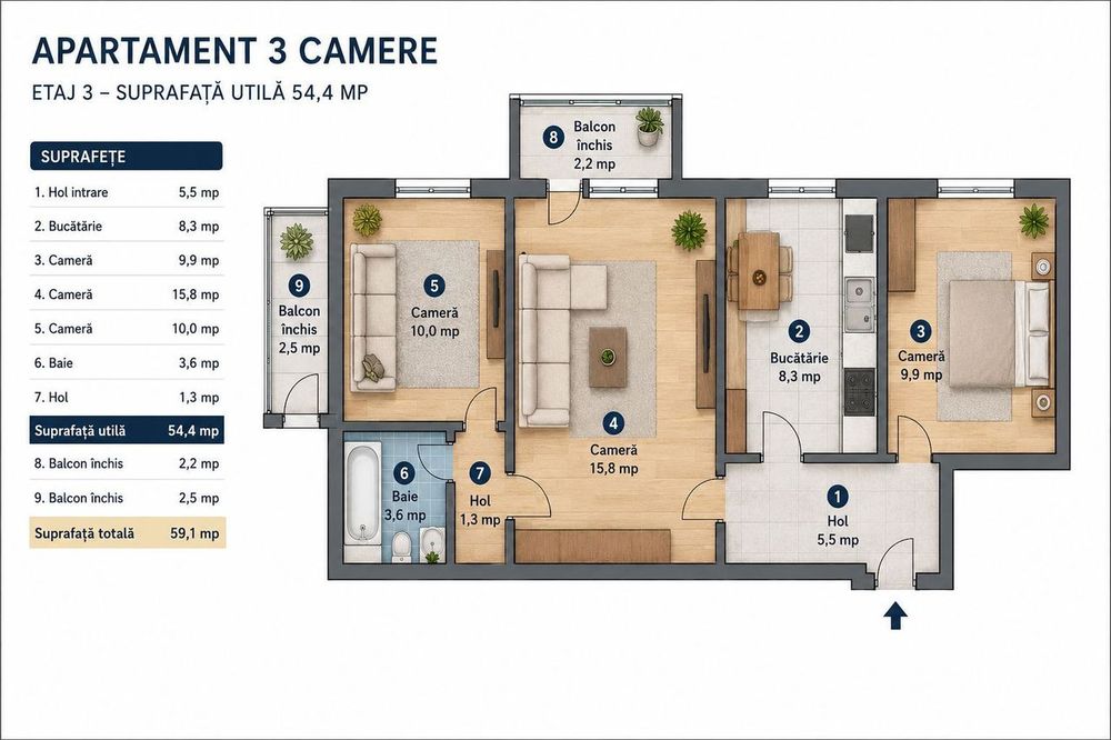 Apartament 3 camere etaj intermediar-Girocului Timisoara