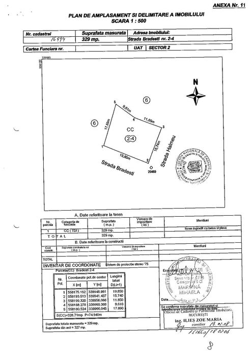 Teren 327m2 pe str. Bradesti 2-4 (langa Lizeanu , sector 2) Cu autorizatie P+3+4 retras ,  Gata sa incepi lucrul.