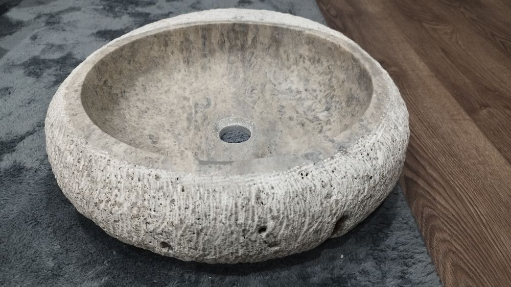 Каменна мивка сив травертин, масивна