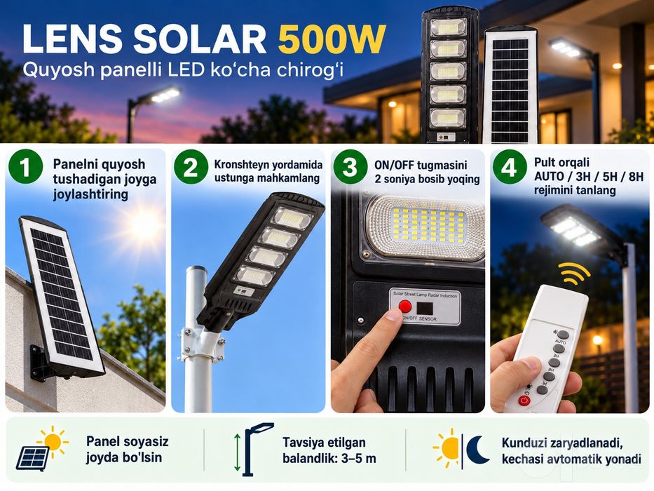 Quyosh panelli LED koʻcha chirogʻi LENS SOLAR 500W, IP66, pultli