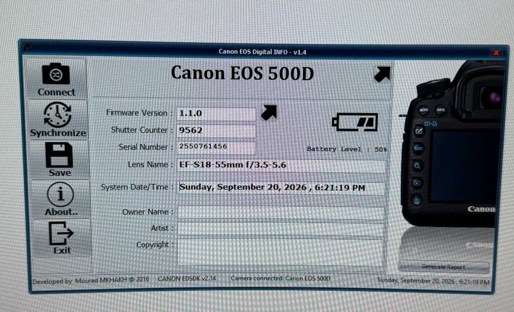 Canon EOS 500D DSLR + 18-55mm, 9562 cadre, kit complet