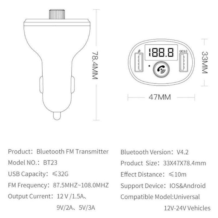 Автомобильный FM модулятор с вольтметром Bluetooth MP3 зарядка USB