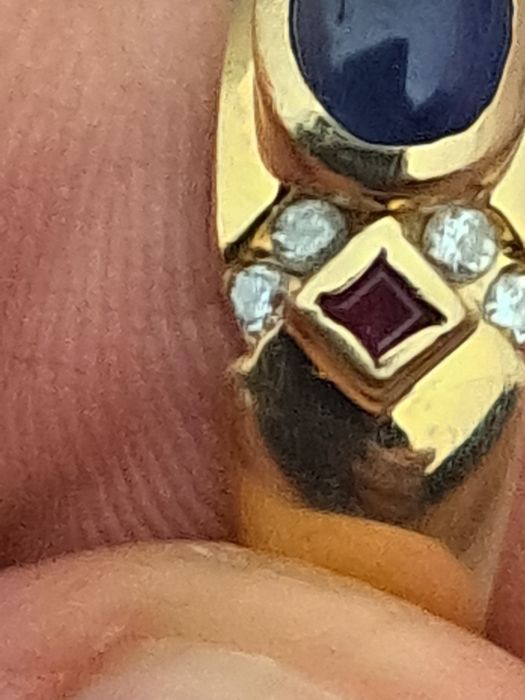 Inel 14 k Safir albastru+Diamante naturale+ Rubin