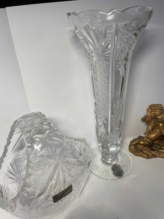 Sfesnic x2 sau vaza cristal fin Vitrometan Romania vintage nu Bohemia