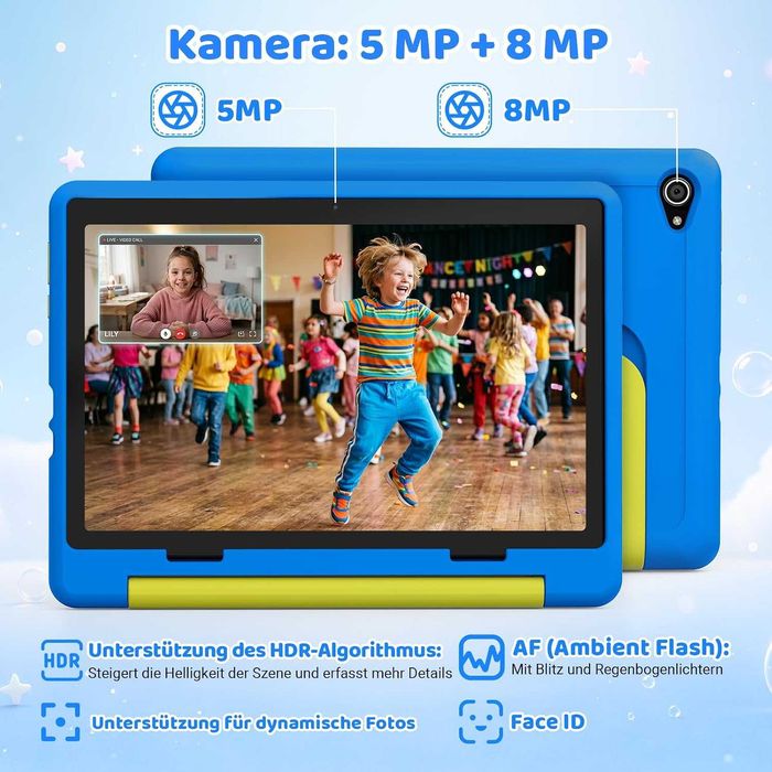 Tabletă pentru copii, 10 inch, Android 16 cu 3 GB RAM + 64 GB ROM (TF 1TB), Wi-Fi 6G, Widevine L1, 6000 mAh, husă de protecție rezistentă la căderi,