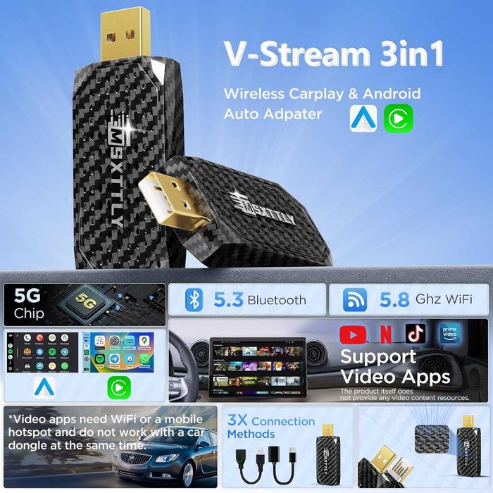 Мултимедия адаптер 3-в-1 Wireless CarPlay Android Auto Netflix YouTube