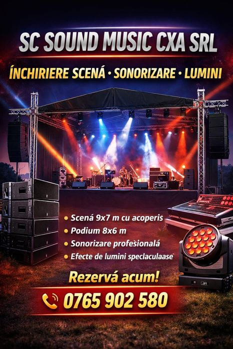 Scenă modulară 9x7 m, cu acoperiș în 2 ape