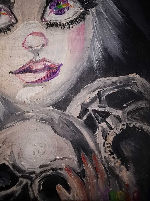 Tablou original ulei pe pânză, față și cranii, gothica