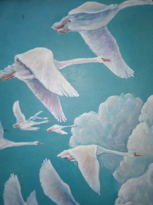 Старинная Картина Гуси лебеди в голубом небе. Масло .Старинная  1 ме