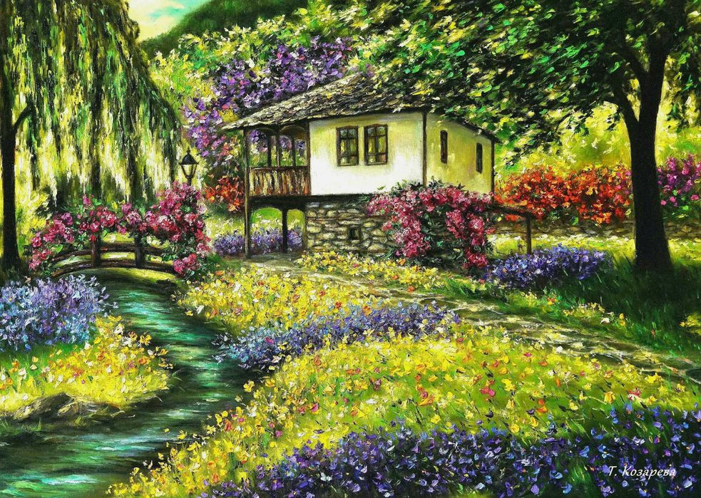 Картина, Принт върху хромирана хартия, Селска къща, Пейзаж, Цветя