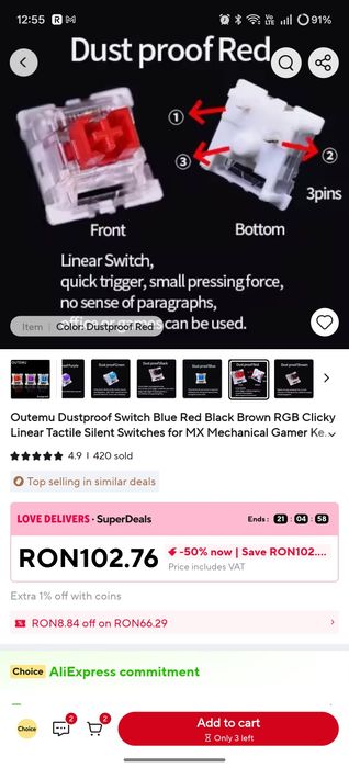 Switch-uri AS RED+Keycaps Negre/albe