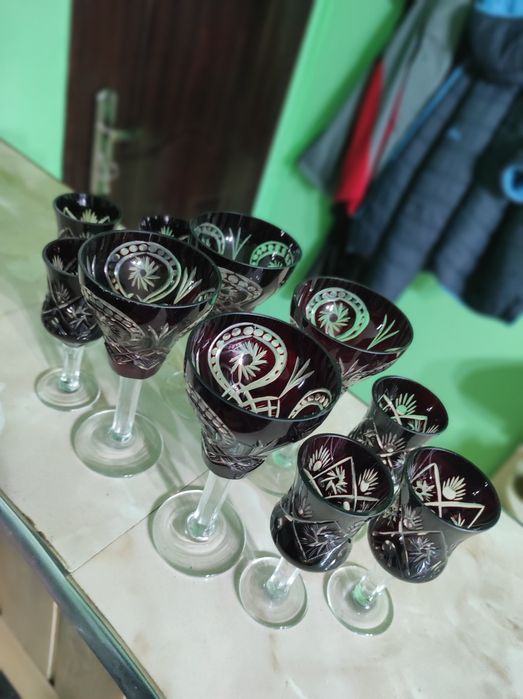 Pahare cristal Rosu Buzau Perla Lux anii 70'