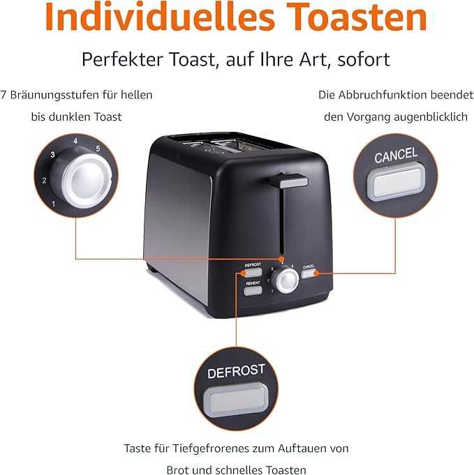 Тостер за 2 филии Amazon Basics със 7 нива на изпичане и подвижна тава за трохи, изключително широки отвори, 800 W, черен