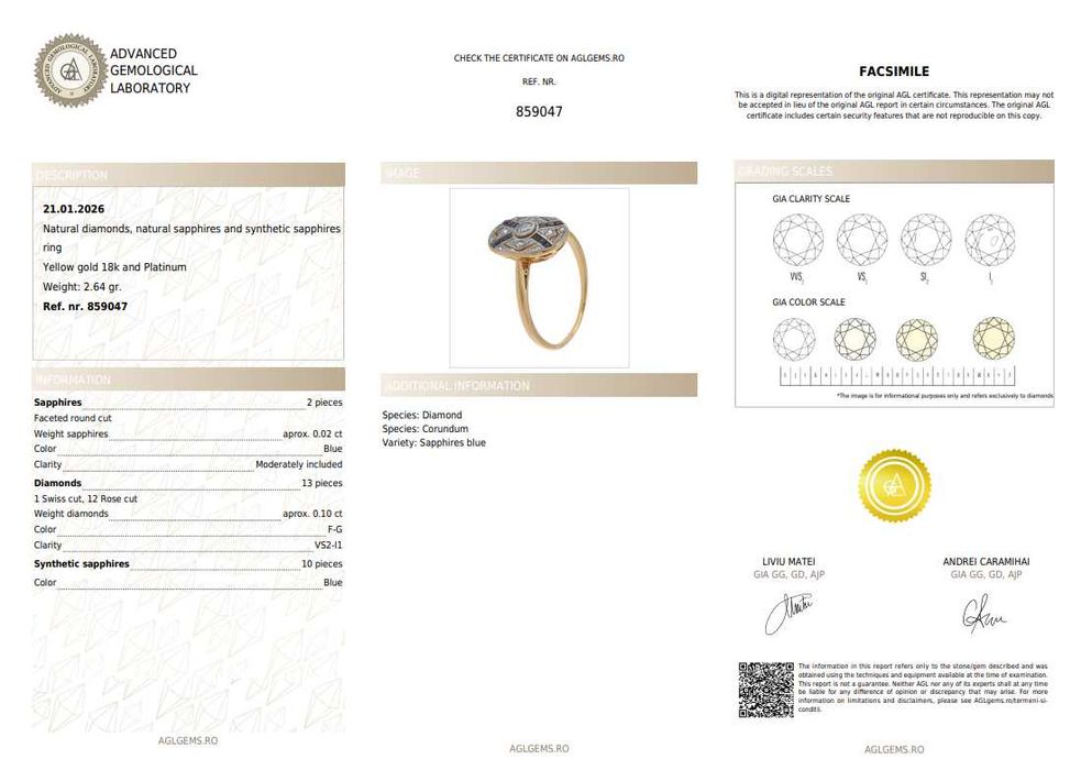 Inel Art Deco din aur și platină, cu diamante, safire,safire sintetice