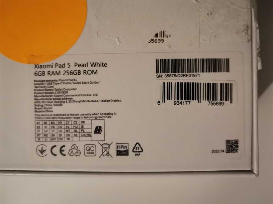 Xiaomi Pad 5 – 6GB RAM / 256GB – Pearl White – Nouă