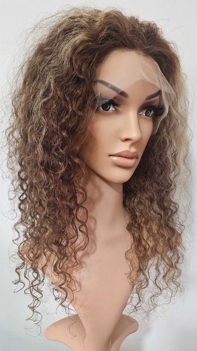 Естествена афро къдрава перука - кафява с руси кичури / 13x4 Lace