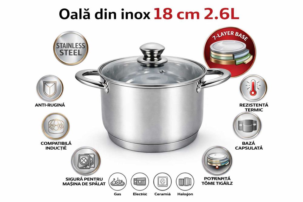 Oala inox Swiss Z Line 18 cm cu capac sticla 2.6 L