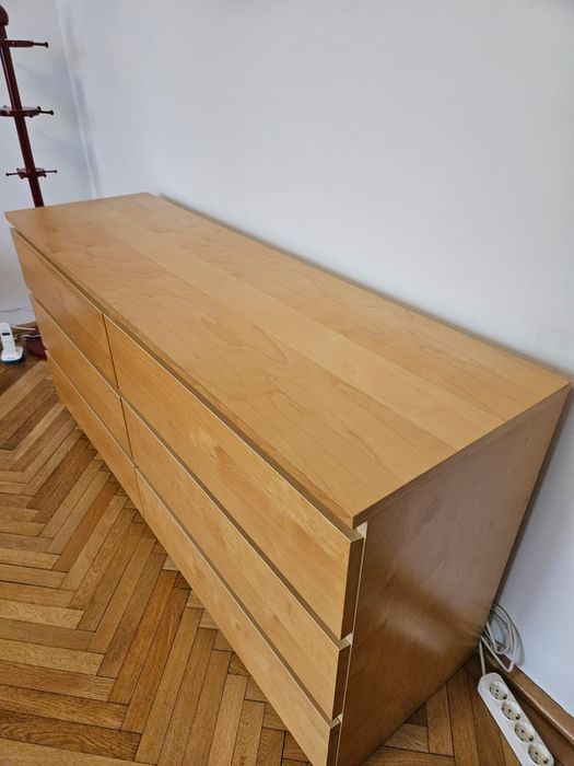 pat Ikea cu noptiere, saltea și comoda cu 6 sertare Malm