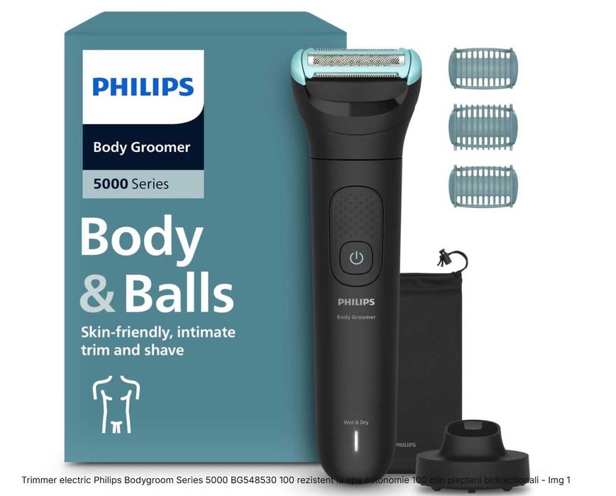 Trimmer electric Philips Bodygroom Body and Balls Series 5000 rezistent la apa autonomie 100 min piepteni bidirectionali BG5485/30