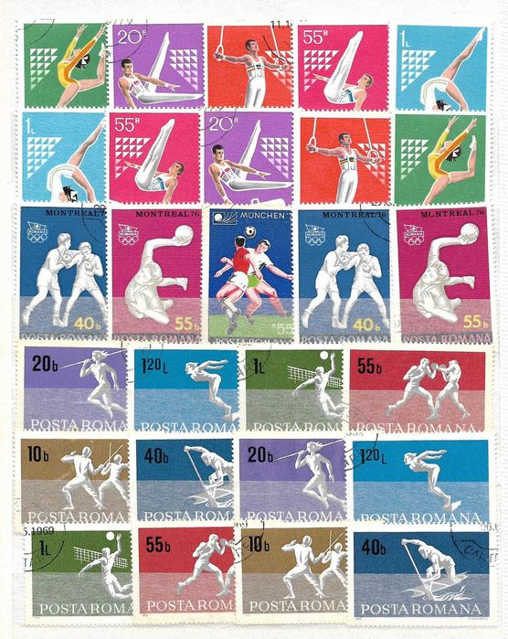 Un super clasor 4 file ( 8 pagini ) plin cu timbre arta sport