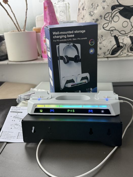 Kit suport perete pentru PS5 Slim,Pro/Incarcator Dual,Iluminare RGB