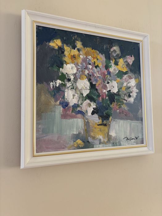 Tablou pictat manual – Buchet de flori – acril pe pânză pe șasiu de lemn, înrămat – 35 × 35 cm
