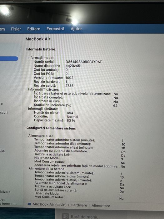 MacBook Air 13″ 2020 M1 8GB/256GB – stare foarte bună, negociabil