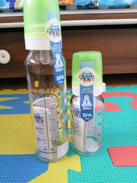 Canpol babies Ново Стъклено шише с тясно гърло и силиконови биберони